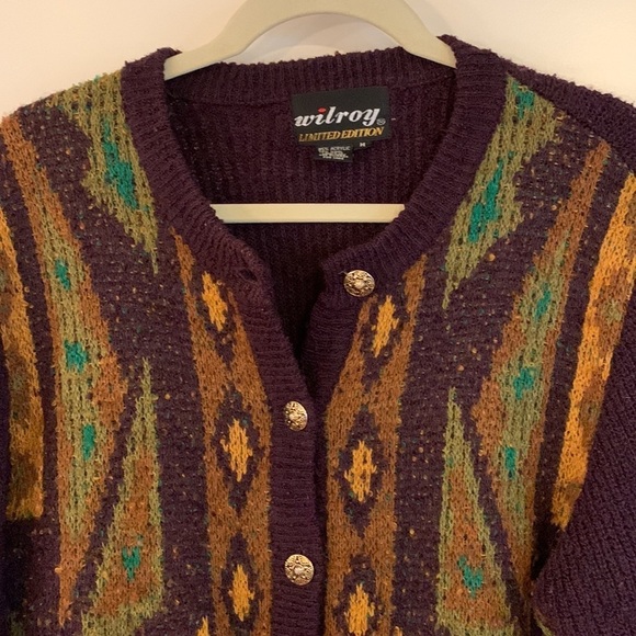 VTG Wilroy Wool Blend Southwest Aztec Geo Cardigan Sweater Women Medium Western - Picture 3 of 11